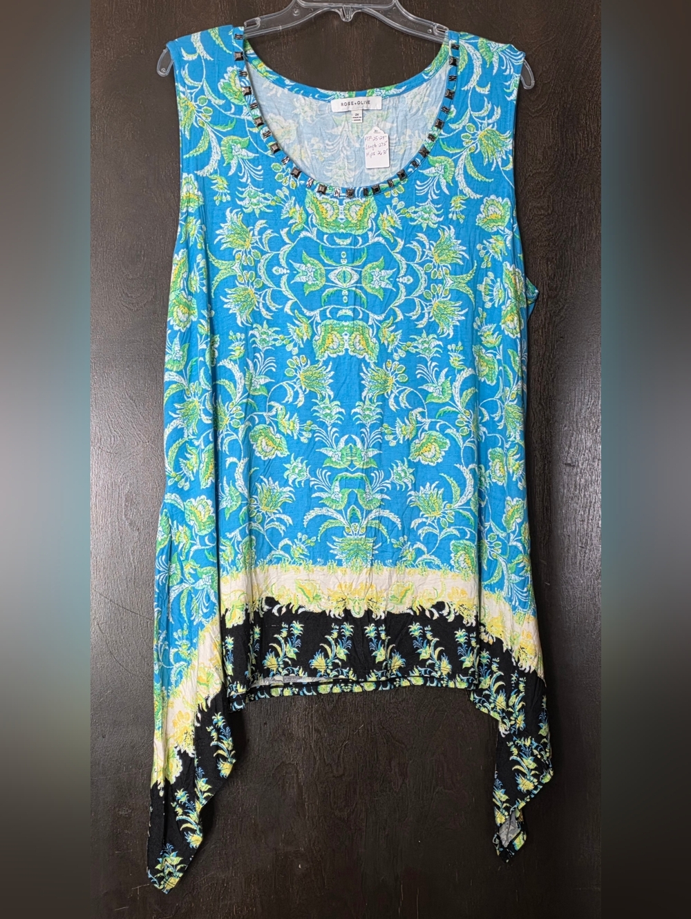 Rose & Olive Blue and Green Floral Sleeveless Asymmetrical Tunic Women's Size 2X